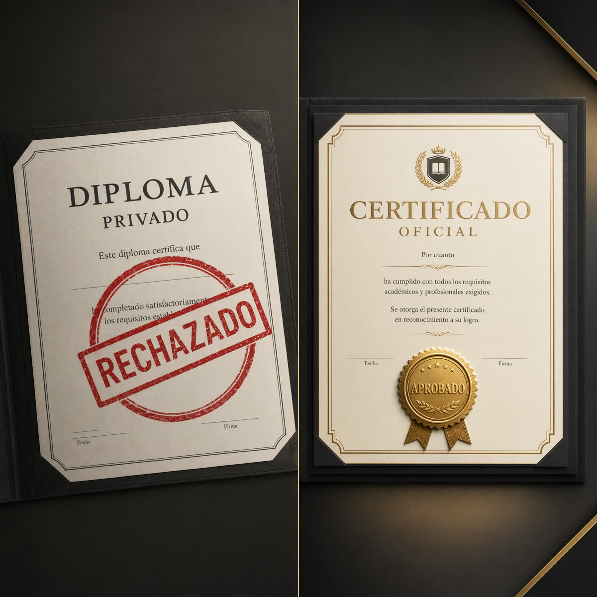 A la izquierda, un diploma privado con un sello de rechazado; a la derecha, un certificado oficial con sello de aprobado.